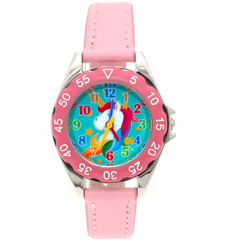 Reloj de pulsera de cuero con diseño de unicornio para niños y niñas, reloj informal de moda para aprender la hora