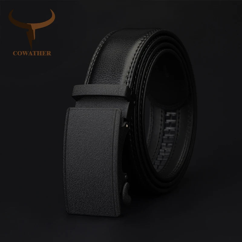 Cinturón automático de cuero auténtico para hombre COWATHER con hebilla de trinquete, cinturón de marca de lujo para hombre, longitud de 110-130 cm