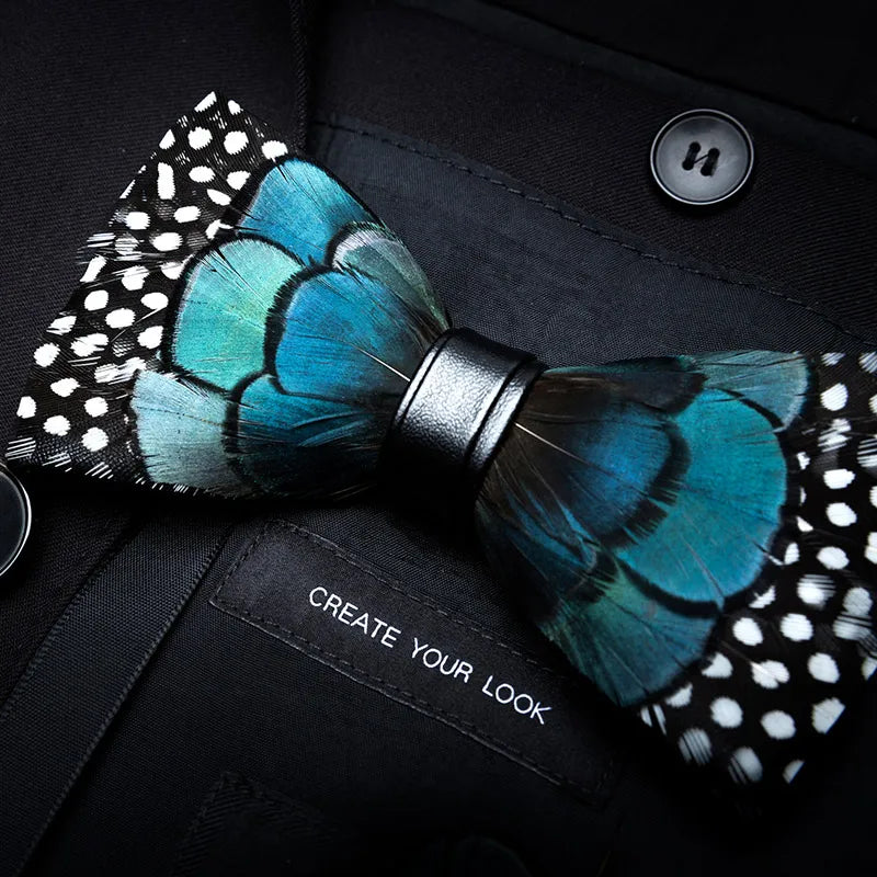 KAMBERFT Designer Brand Handmade Feather and Leather Pre-Tied Bow Tie for Men Wedding Party Best Gift Cravate