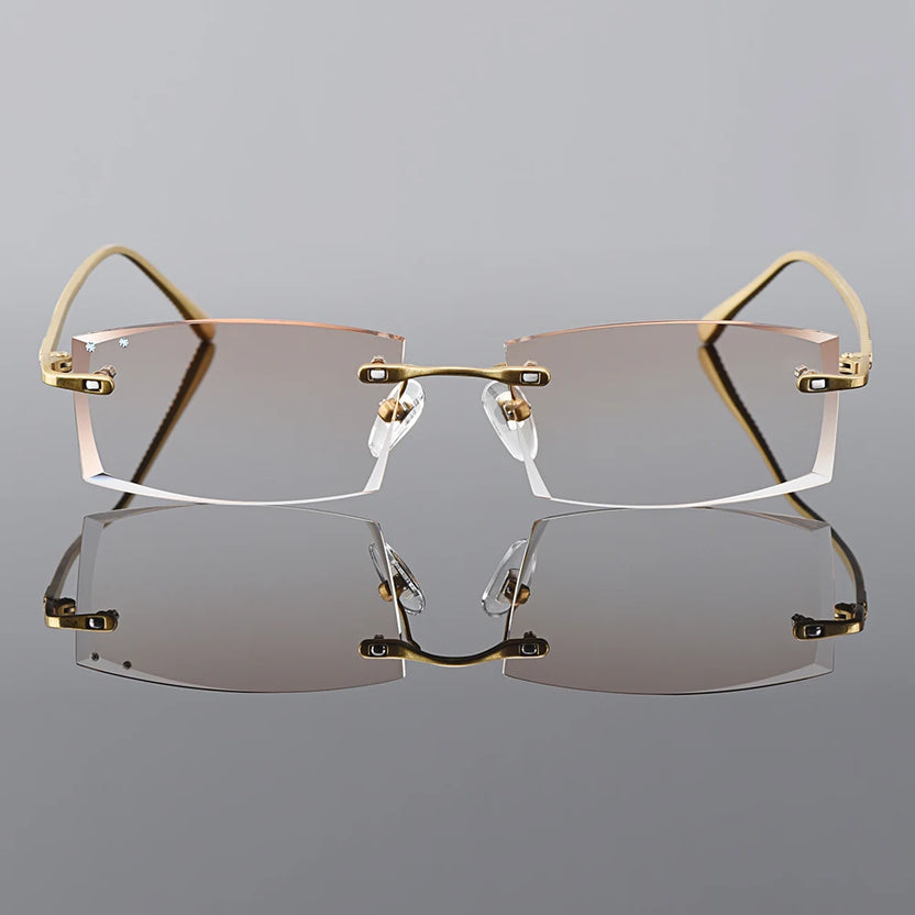 Gmei Optical Rektangulära Glasögonbågar i Gyllene Titanlegering för Herr, Diamantslipade och Kantlösa med Gradient Bruna Plano-linser Q6607