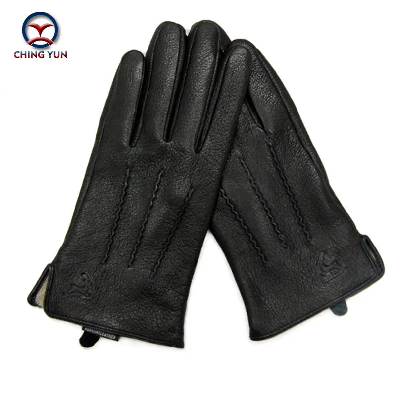 Winter Men Deer Skin Leather Gloves Male Warm Soft Black Sewing Design Men Mittens Imitate Rabbit Hair 70% Wool Lining-07