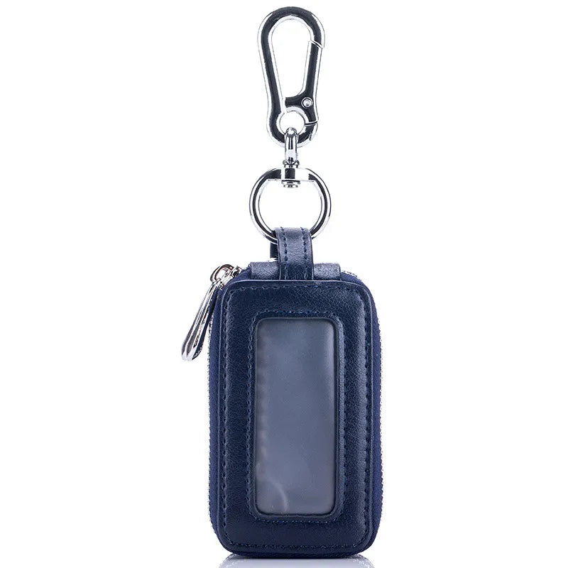 Genuine Cow Leather Home Car Keys' Bag Double Pocket Zipper Mini Wallet Earth Yellow Men Women's Key Holder Transparent Pocket