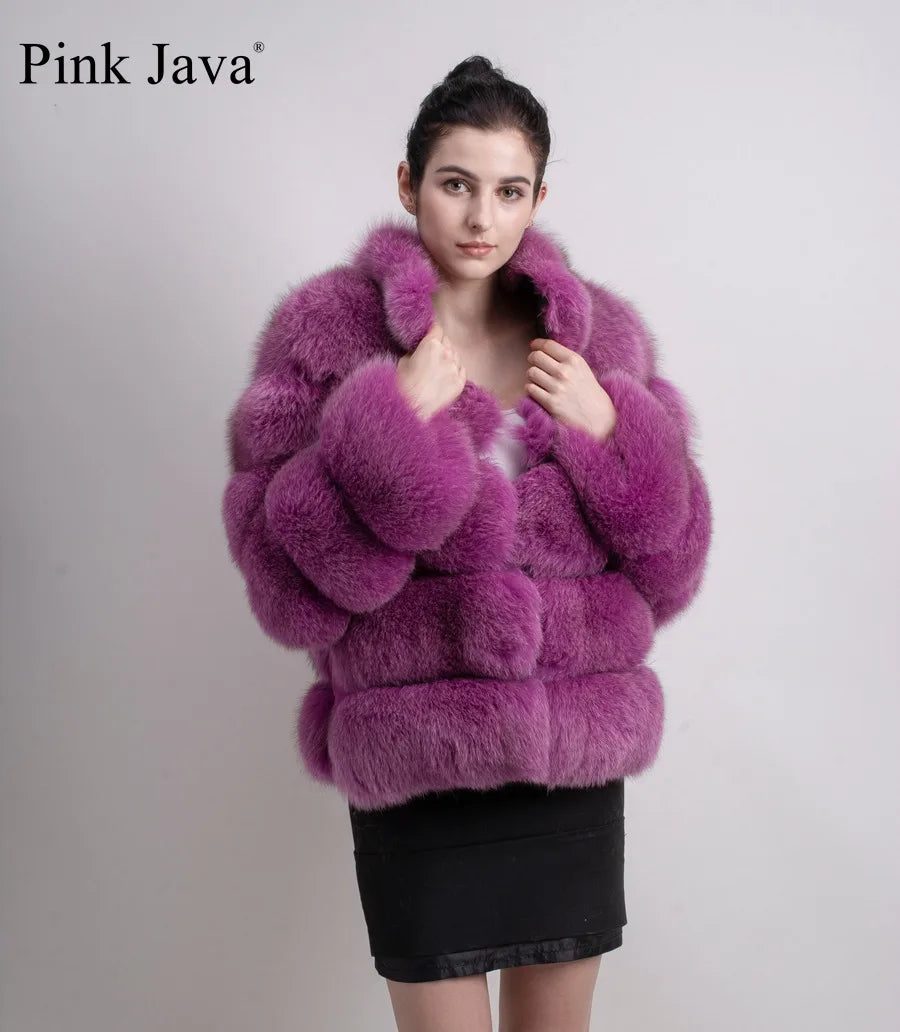 Pink Java QC8139 New Arrival Women Winter Thick Fur Coat Real Fox Fur Jacket High Quality Fox Coat Stand Collar Outfit Luxury