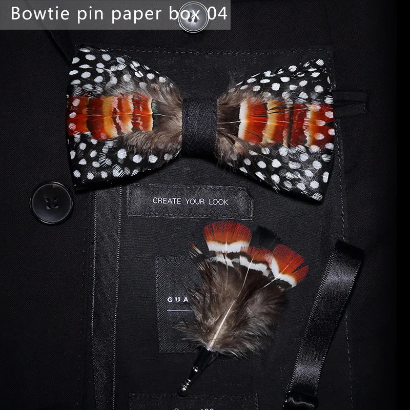 New Luxury Men Bow Tie Handmade Feather Bowtie Brooch Gift Box Set Party Wedding Man Accessories Father Day Gift