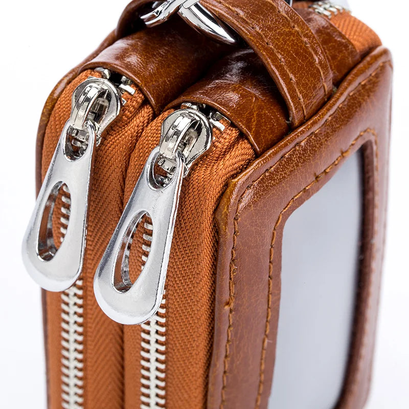 Estuche para llaves de coche y casa de auténtica piel de vaca, cartera mini con cremallera de doble bolsillo, color amarillo tierra, tarjetero con bolsillo transparente para hombre y mujer