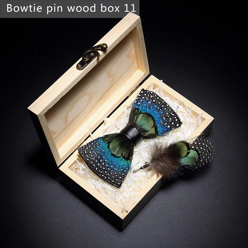 Nuevo set de regalo de pajarita de plumas hecha a mano para hombre, con broche, accesorios de fiesta y boda, regalo para el Día del Padre