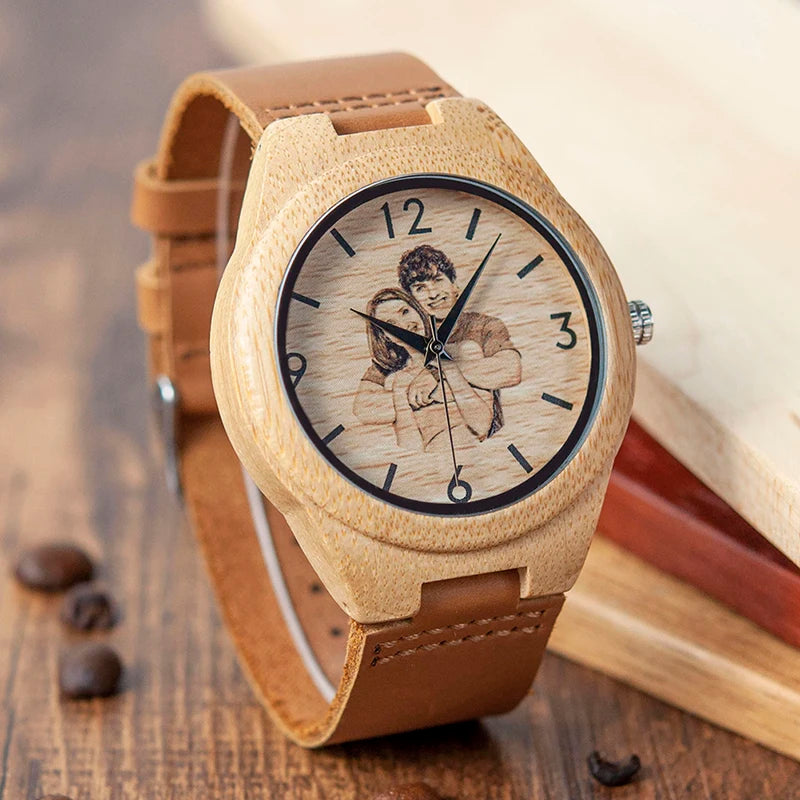 Reloj de madera para hombre y mujer BOBO BIRD, regalo creativo con impresión UV de fotos personalizadas, regalo personalizado OEM