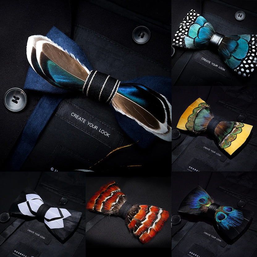 KAMBERFT Designer Brand Handmade Feather and Leather Pre-Tied Bow Tie for Men Wedding Party Best Gift Cravate