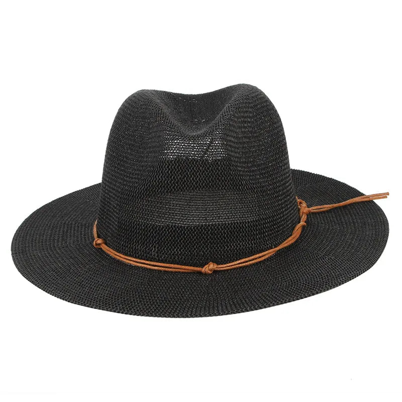 GEMVIE New Summer Hat Panama Hats Hollow Out Straw Hat for Men Women Leather Ribbon Large Brim Sun Beach Hat Jazz Cap Fedora
