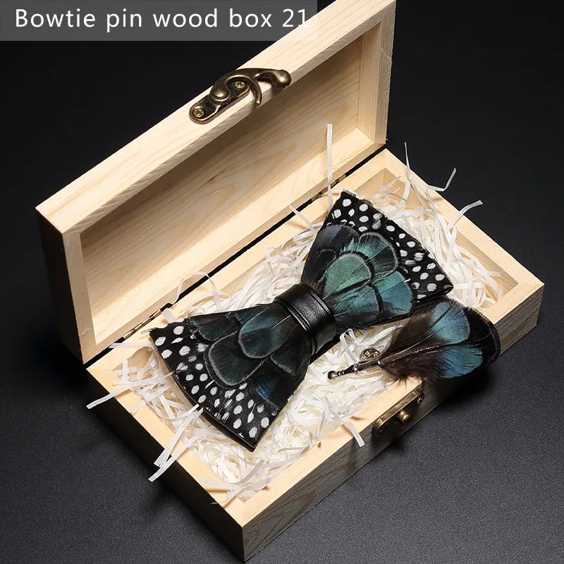 Nuevo set de regalo de pajarita de plumas hecha a mano para hombre, con broche, accesorios de fiesta y boda, regalo para el Día del Padre