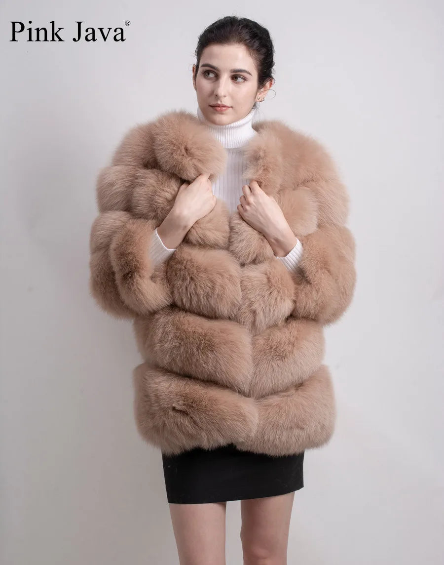 Pink Java QC8066  High Quality Women  Real Fox Fur Coat Wihter Warm Thick Fox Fur Jacket Genuine Fur  Short Coat Long Sleeves