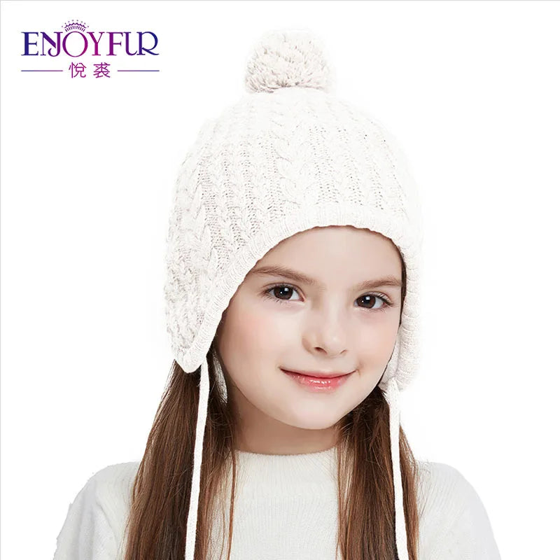 Gorro de punto de invierno ENJOYFUR para niños y niñas con pompón de piel de zorro natural, gorro cálido y grueso con orejeras para bebé