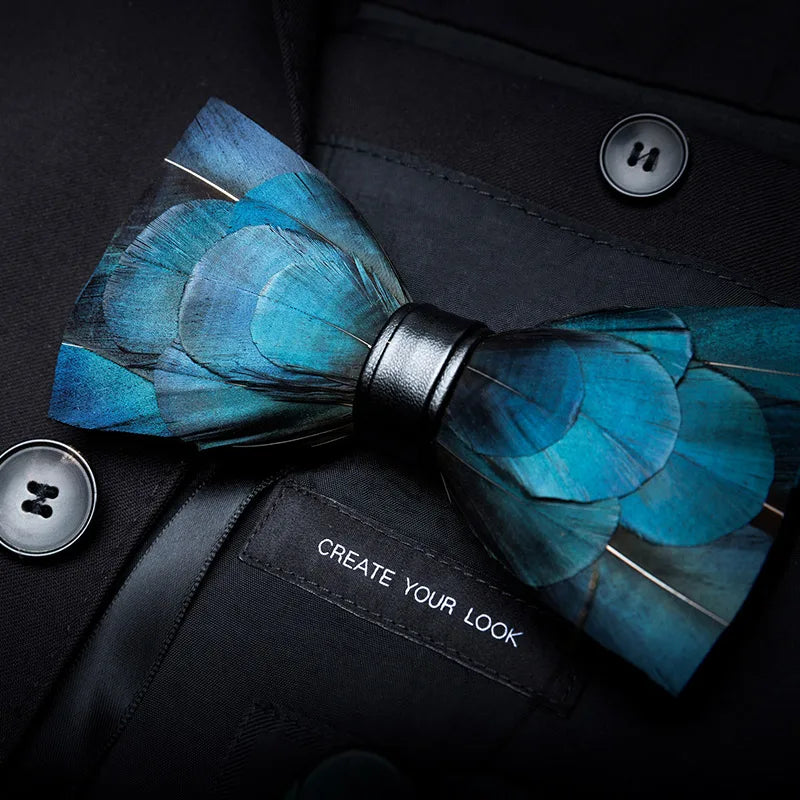 KAMBERFT Designer Brand Handmade Feather and Leather Pre-Tied Bow Tie for Men Wedding Party Best Gift Cravate