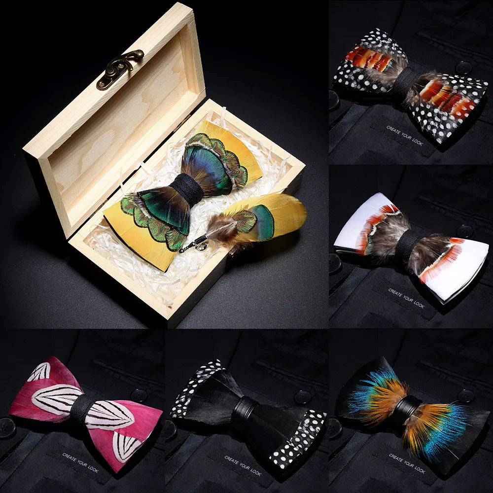 Nuevo set de regalo de pajarita de plumas hecha a mano para hombre, con broche, accesorios de fiesta y boda, regalo para el Día del Padre