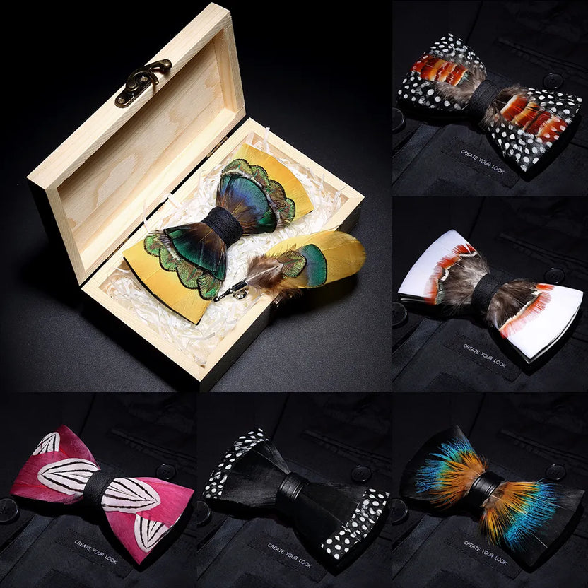 New Luxury Men Bow Tie Handmade Feather Bowtie Brooch Gift Box Set Party Wedding Man Accessories Father Day Gift