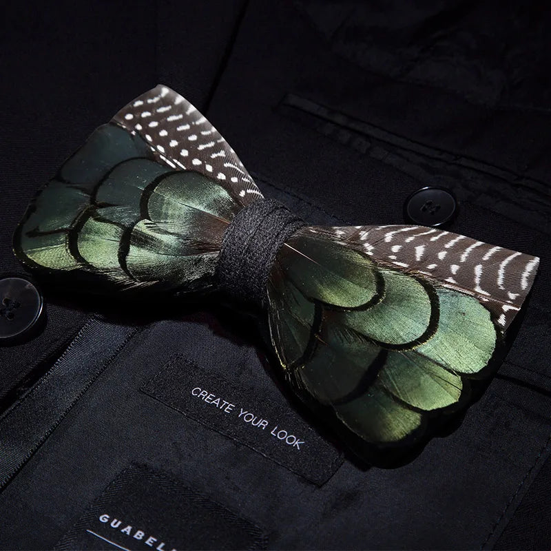 KAMBERFT Designer Brand Handmade Feather and Leather Pre-Tied Bow Tie for Men Wedding Party Best Gift Cravate