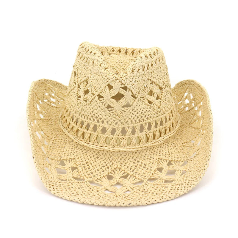 Summer Outdoor Men Women Hand-Woven Western Cowboy Paper Straw Hats Wide Brim Breathable Beach Jazz Cap Sun Protection Hat