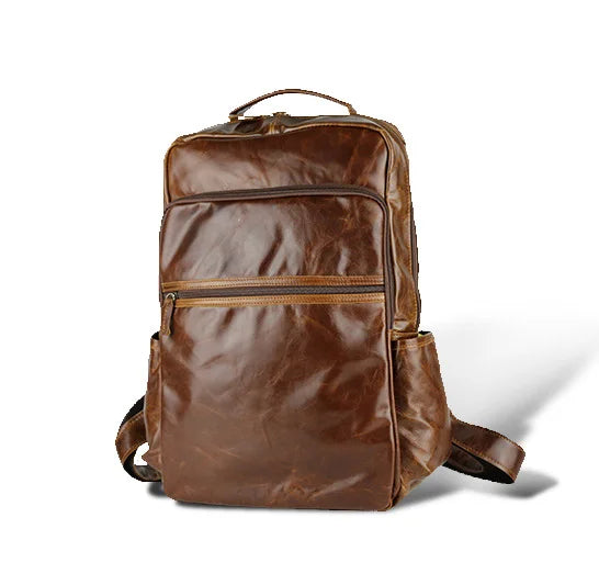 Genuine Leather Waterproof Men's Laptop Backpack Brown Travel Bag
