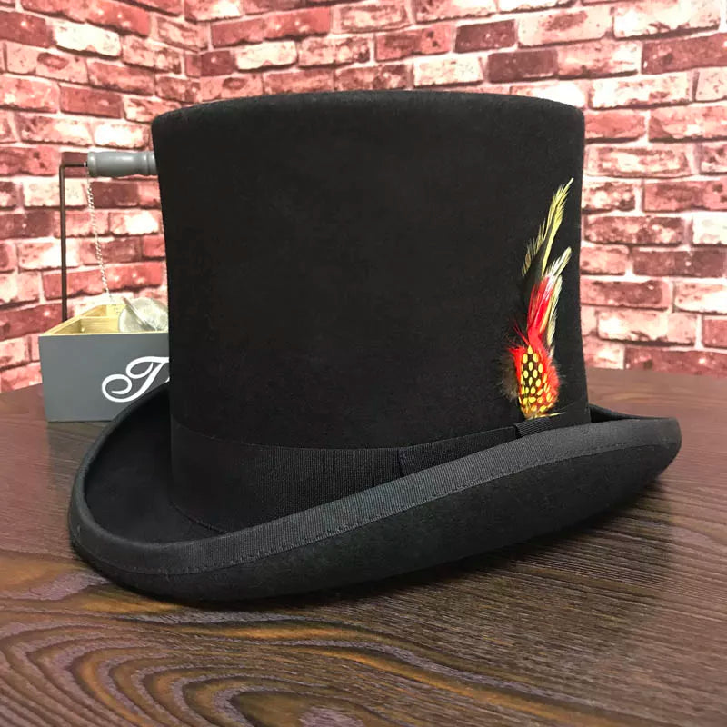 Black Men Woolen Fedora Hat Flat Mad Hatter Top Hat Traditional President Party Hat Steampunk Magic Hat With Feather