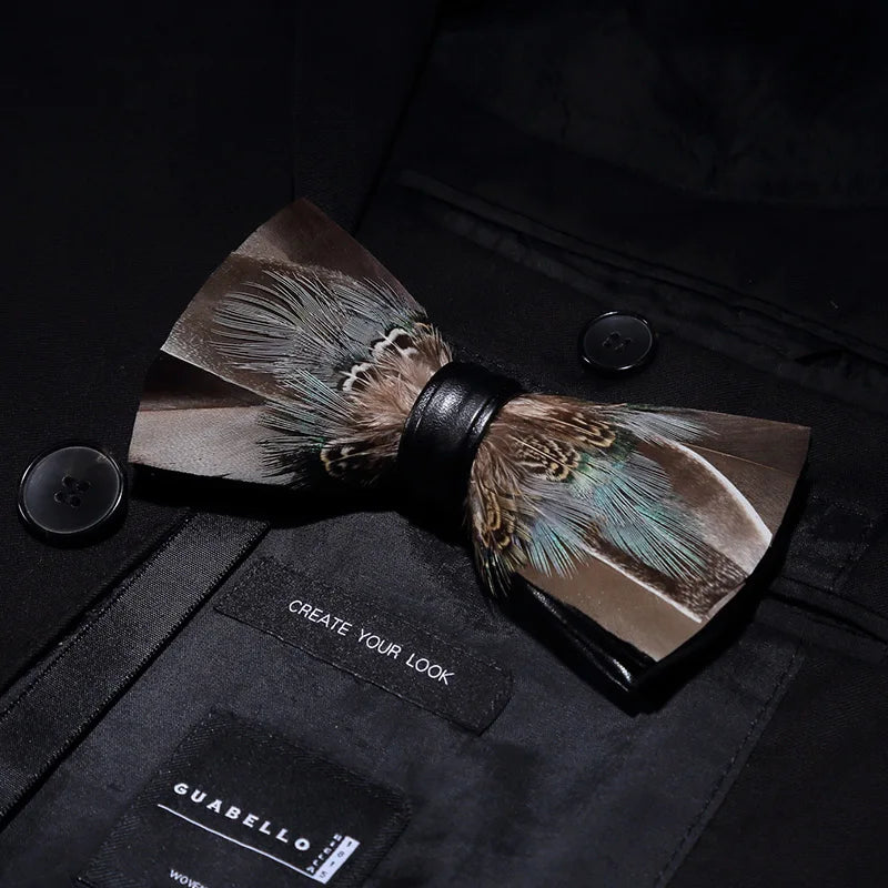 KAMBERFT Designer Brand Handmade Feather and Leather Pre-Tied Bow Tie for Men Wedding Party Best Gift Cravate