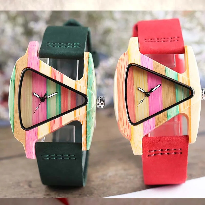 Reloj de pulsera para mujer, de madera colorida y única, con esfera triangular creativa, reloj de cuarzo con correa de cuero, Reloj Mujer