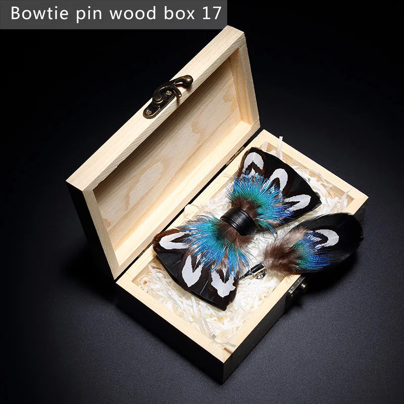 New Luxury Men Bow Tie Handmade Feather Bowtie Brooch Gift Box Set Party Wedding Man Accessories Father Day Gift