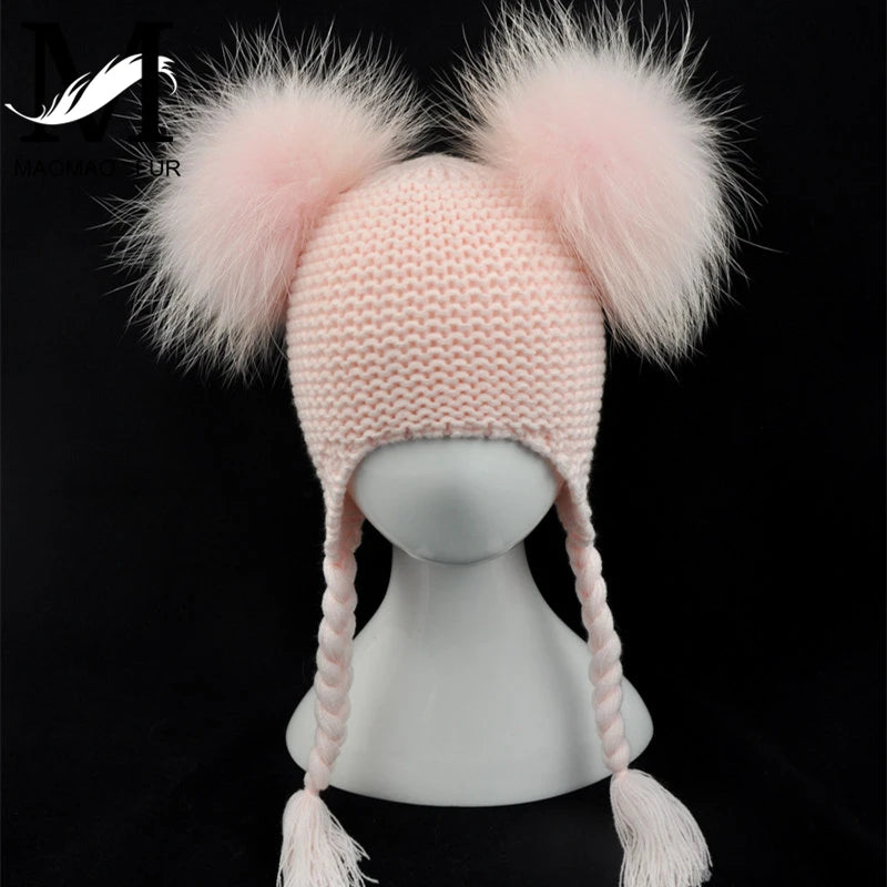 Gorro de punto con dos pompones de piel auténtica para bebés y niños, gorro de invierno con orejeras para niña y niño