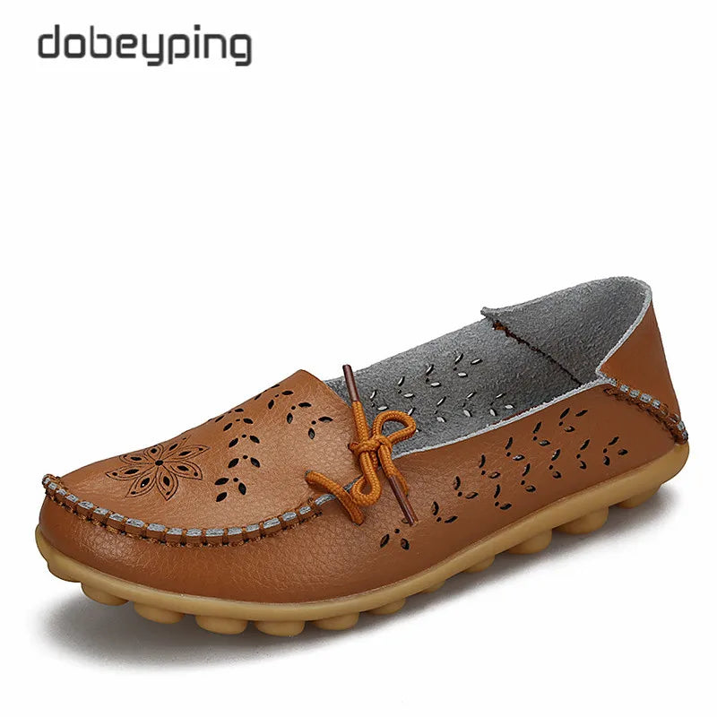 Women's Casual Shoes Genuine Leather Woman Loafers Slip-On Female Flats Moccasins Ladies Driving Shoe Cut-Outs Mother Footwear