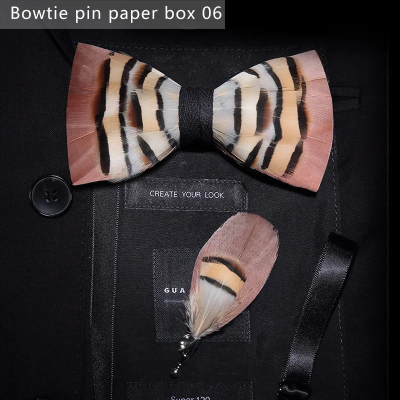 Nuevo set de regalo de pajarita de plumas hecha a mano para hombre, con broche, accesorios de fiesta y boda, regalo para el Día del Padre