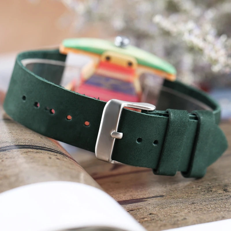 Reloj de pulsera para mujer, de madera colorida y única, con esfera triangular creativa, reloj de cuarzo con correa de cuero, Reloj Mujer