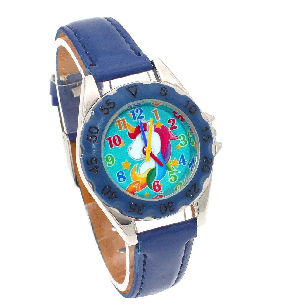 Reloj de pulsera de cuero con diseño de unicornio para niños y niñas, reloj informal de moda para aprender la hora