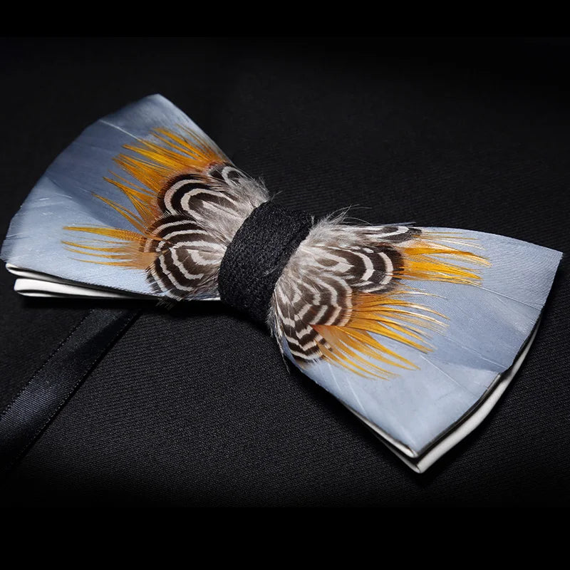KAMBERFT Designer Brand Handmade Feather and Leather Pre-Tied Bow Tie for Men Wedding Party Best Gift Cravate