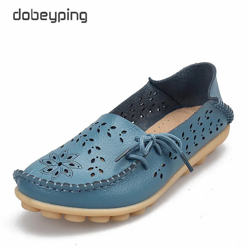 Women's Casual Shoes Genuine Leather Woman Loafers Slip-On Female Flats Moccasins Ladies Driving Shoe Cut-Outs Mother Footwear