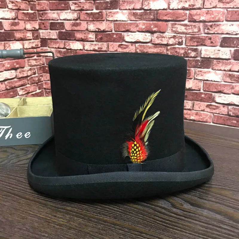 Black Men Woolen Fedora Hat Flat Mad Hatter Top Hat Traditional President Party Hat Steampunk Magic Hat With Feather