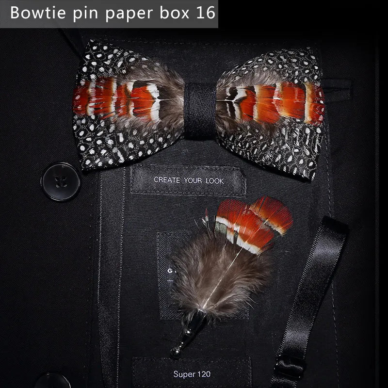 New Luxury Men Bow Tie Handmade Feather Bowtie Brooch Gift Box Set Party Wedding Man Accessories Father Day Gift