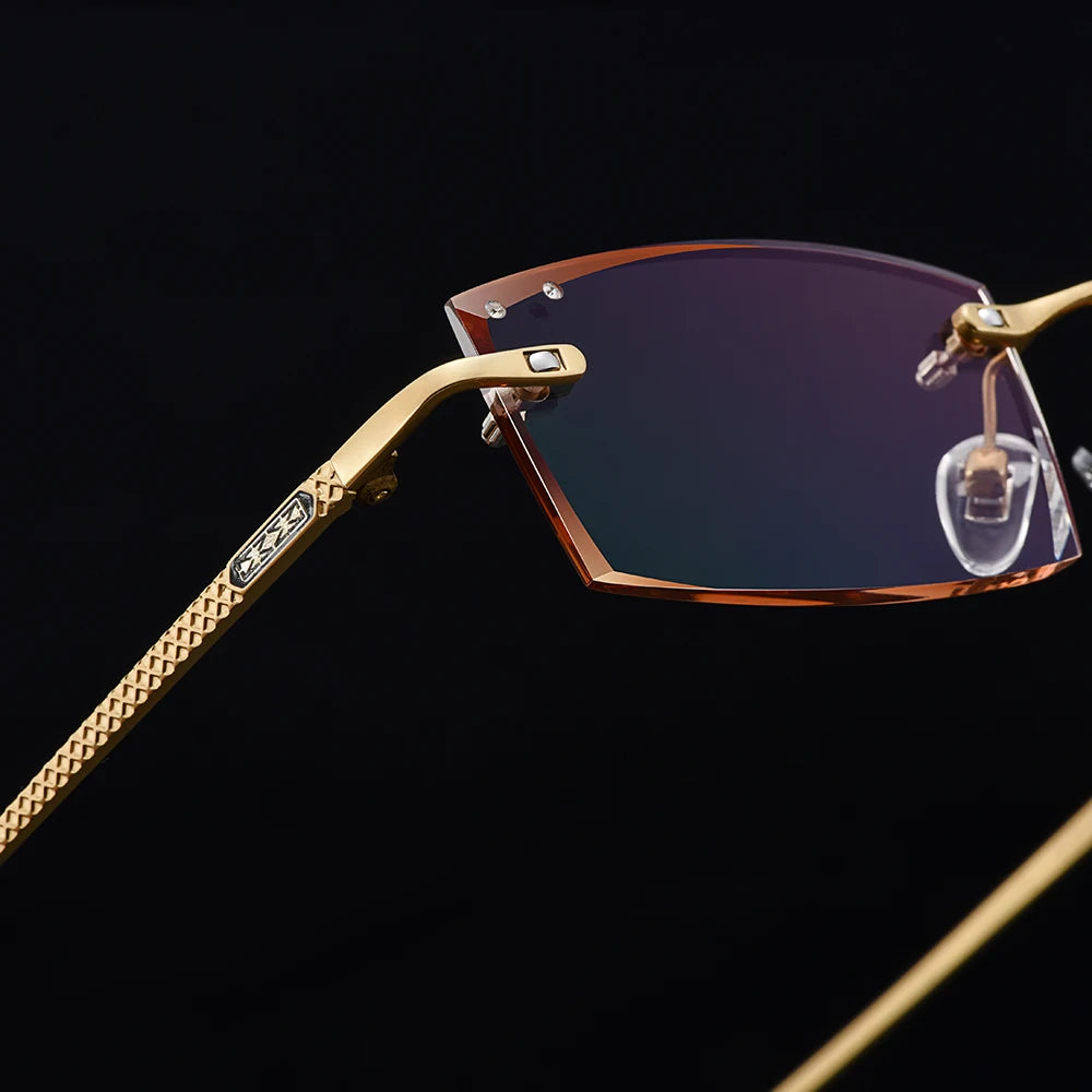 Gmei Optical Rectangle Golden Titanium Alloy Men's Diamond Trimming Rimless Glasses Frame Gradient Brown Tint Plano Lenses Q6607
