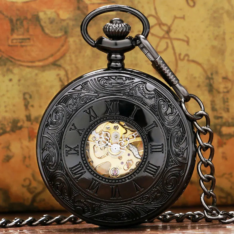 Vintage Luxury Black Metal Mechanical Pocket Watch Steampunk Watches Pin Chain Men Women Pendant Clock Gift With Gift Bag