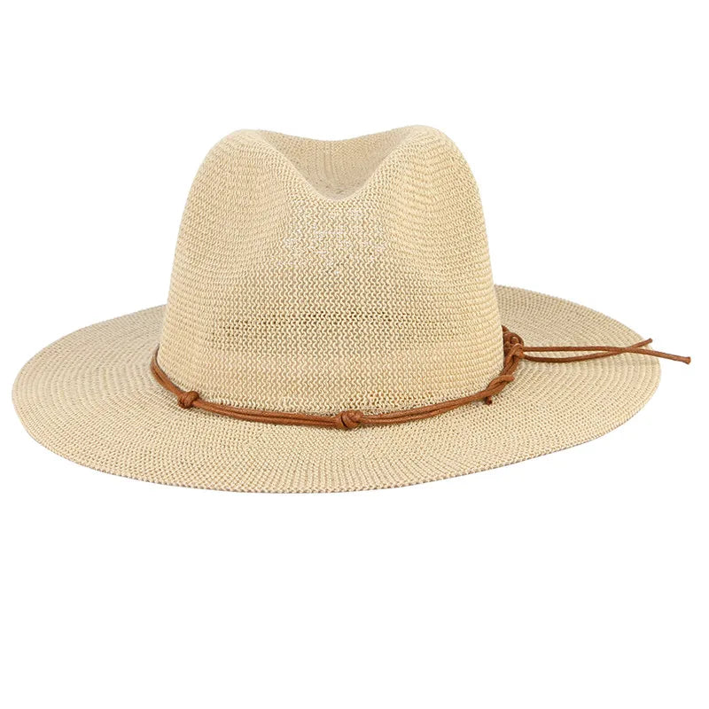 GEMVIE New Summer Hat Panama Hats Hollow Out Straw Hat for Men Women Leather Ribbon Large Brim Sun Beach Hat Jazz Cap Fedora