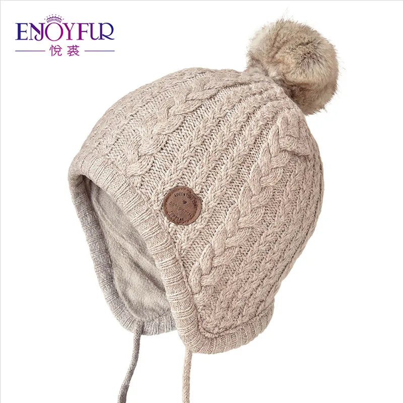 Gorro de punto de invierno ENJOYFUR para niños y niñas con pompón de piel de zorro natural, gorro cálido y grueso con orejeras para bebé