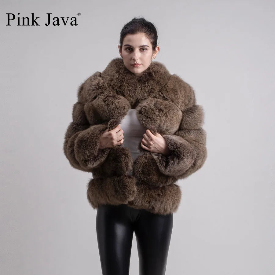 Pink Java QC8139 New Arrival Women Winter Thick Fur Coat Real Fox Fur Jacket High Quality Fox Coat Stand Collar Outfit Luxury