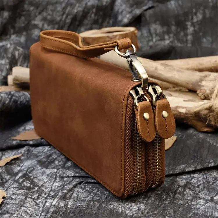 Luksusowy portfel damski i męski z podwójnym zamkiem, długi, skórzany w stylu vintage, kopertówka, etui na telefon, karty i monety, 100% prawdziwa skóra, portfel męski