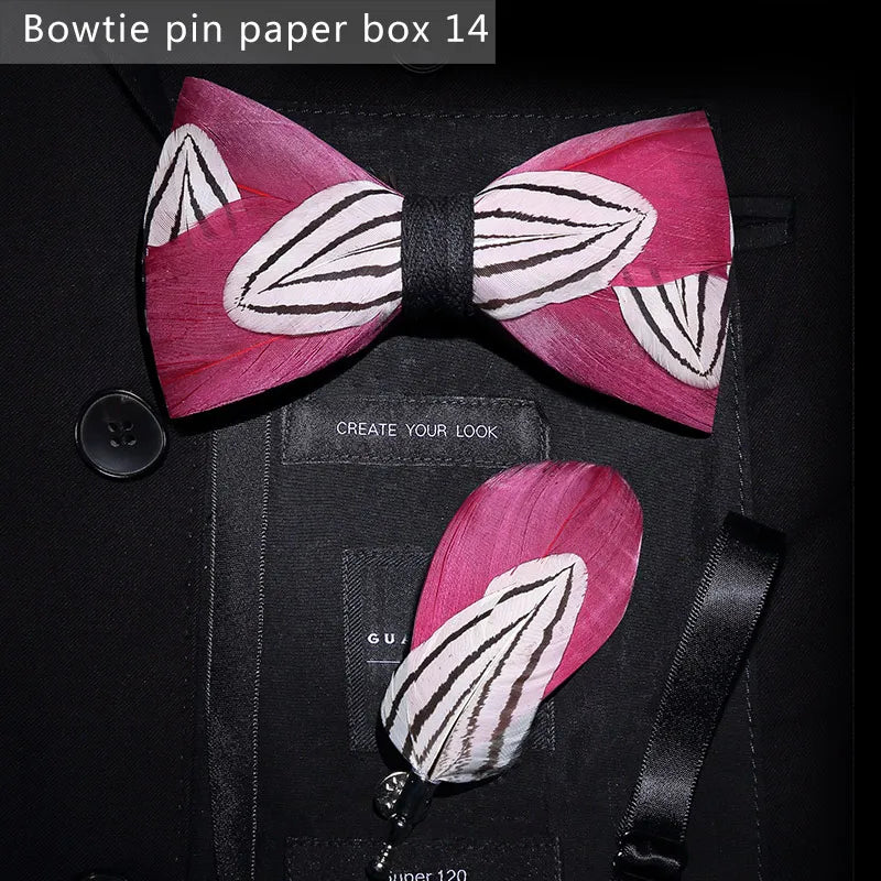 New Luxury Men Bow Tie Handmade Feather Bowtie Brooch Gift Box Set Party Wedding Man Accessories Father Day Gift
