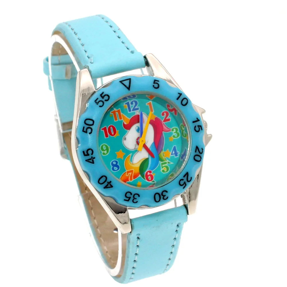 Reloj de pulsera de cuero con diseño de unicornio para niños y niñas, reloj informal de moda para aprender la hora
