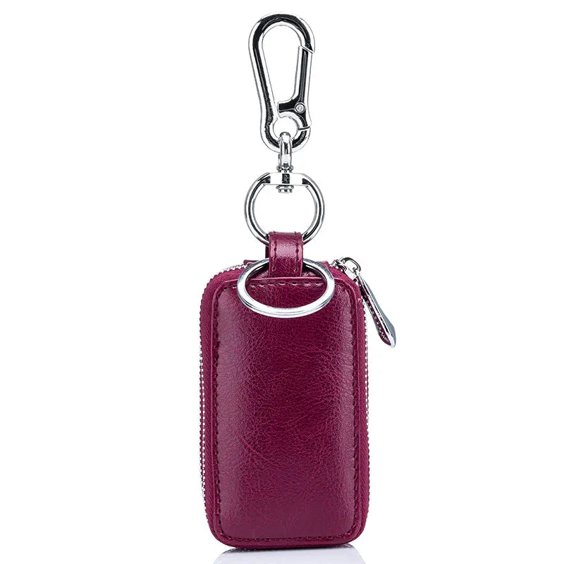Estuche para llaves de coche y casa de auténtica piel de vaca, cartera mini con cremallera de doble bolsillo, color amarillo tierra, tarjetero con bolsillo transparente para hombre y mujer