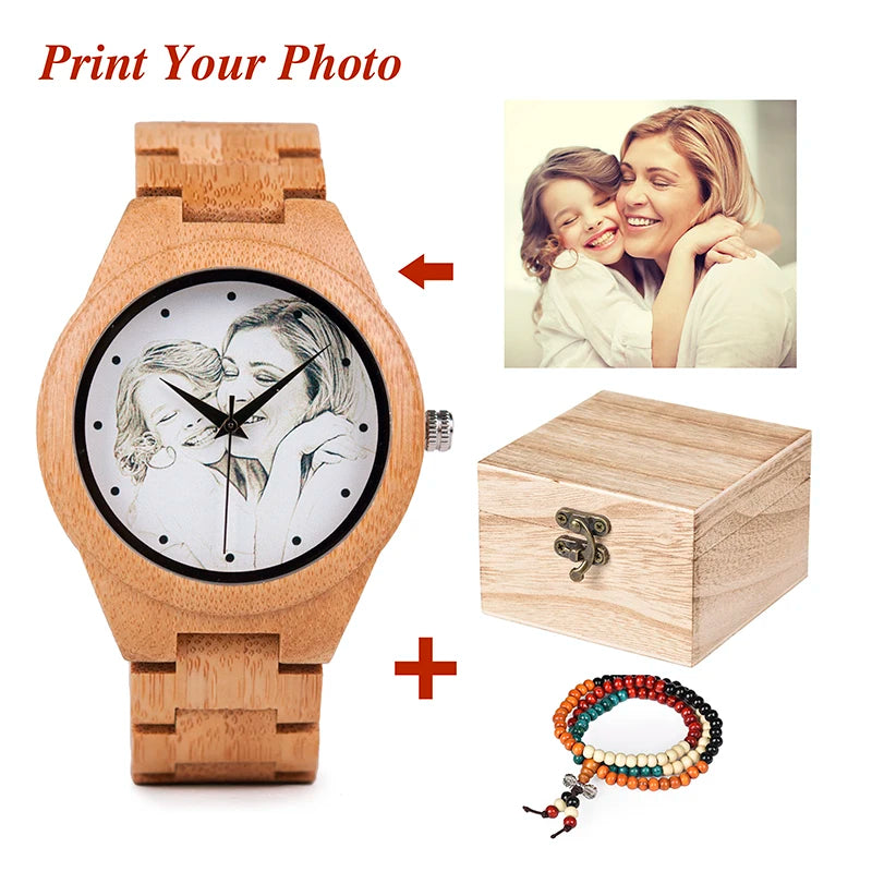 Personality Creative Design Customers Photos UV Printing Customize Wooden Watch Customization Laser Print OEM Great Gift Watches