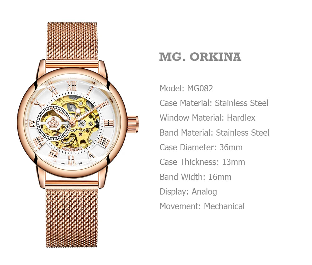 Damski zegarek automatyczny ORKINA typu skeleton, elegancki model w kolorze różowego złota na bransolecie typu mesh ze stali nierdzewnej / pasku skórzanym