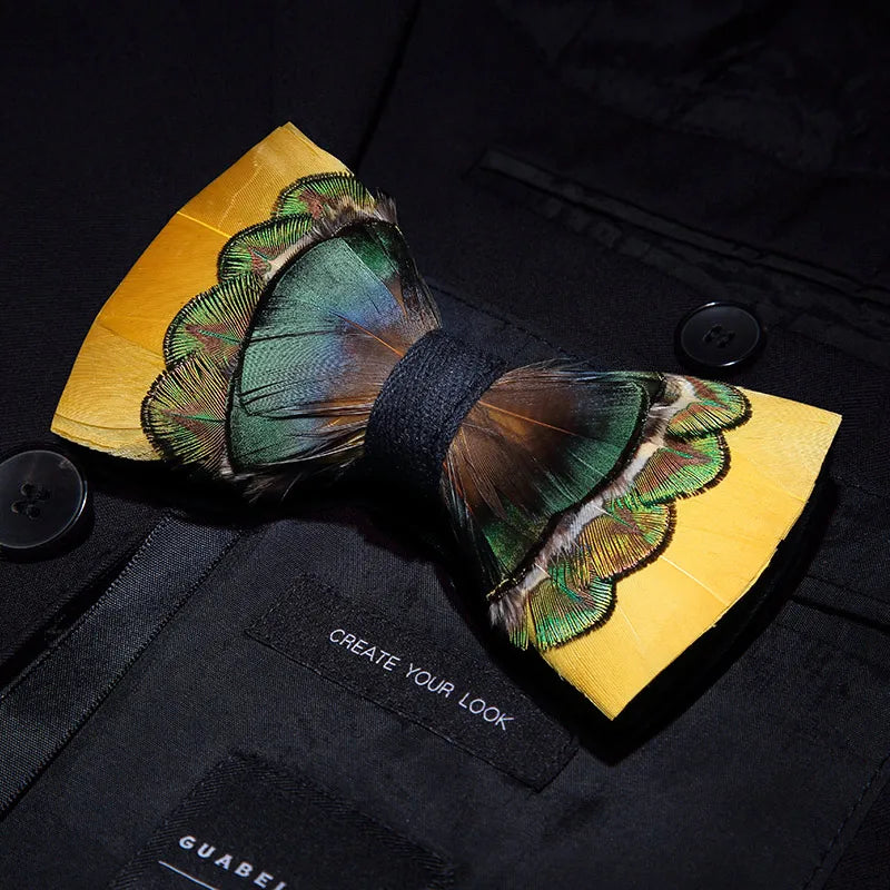 KAMBERFT Designer Brand Handmade Feather and Leather Pre-Tied Bow Tie for Men Wedding Party Best Gift Cravate