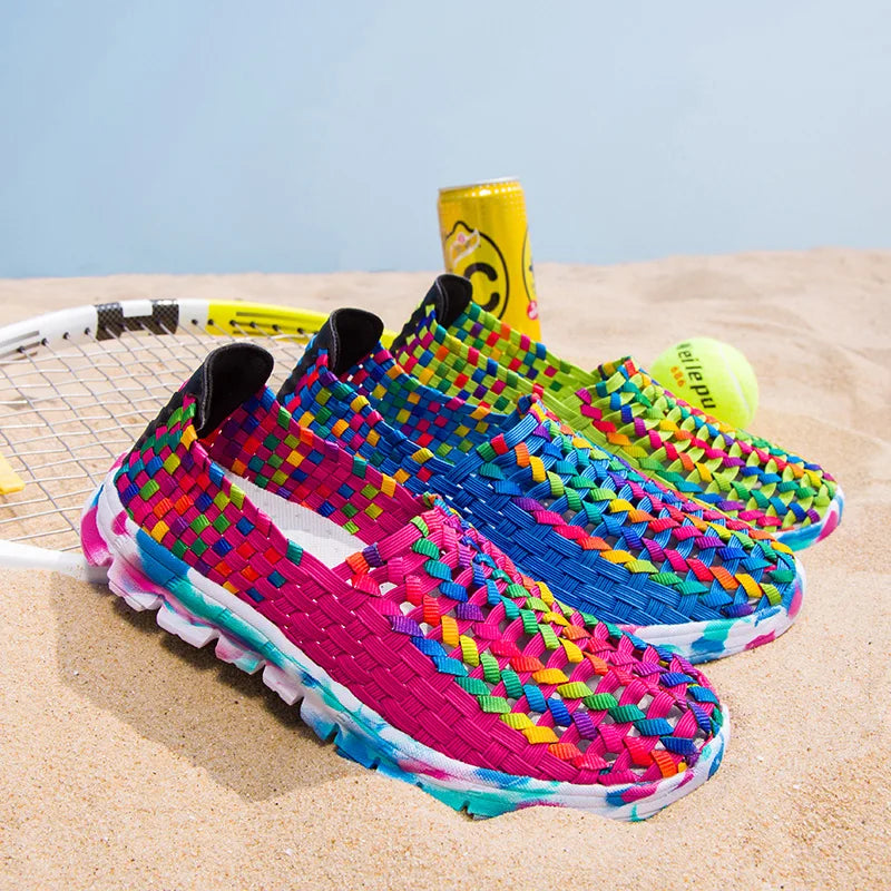 Women Shoes Summer Flats Female Loafers Women Casual Flat Woven Shoe Breathable Sneakers Slip on Colorful Mujer Plus Size 41
