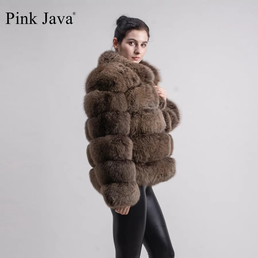 Pink Java QC8139 New Arrival Women Winter Thick Fur Coat Real Fox Fur Jacket High Quality Fox Coat Stand Collar Outfit Luxury