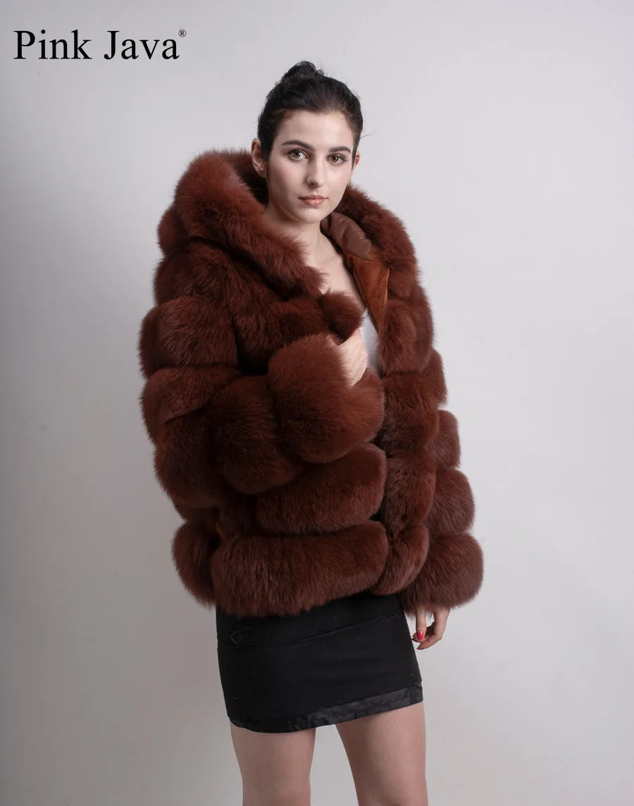 Pink Java QC8143 New Arrival Women Coat Winter Real Fox Fur Coats Hood Jacket Natural Fur Clothes Hot Sale High Quality